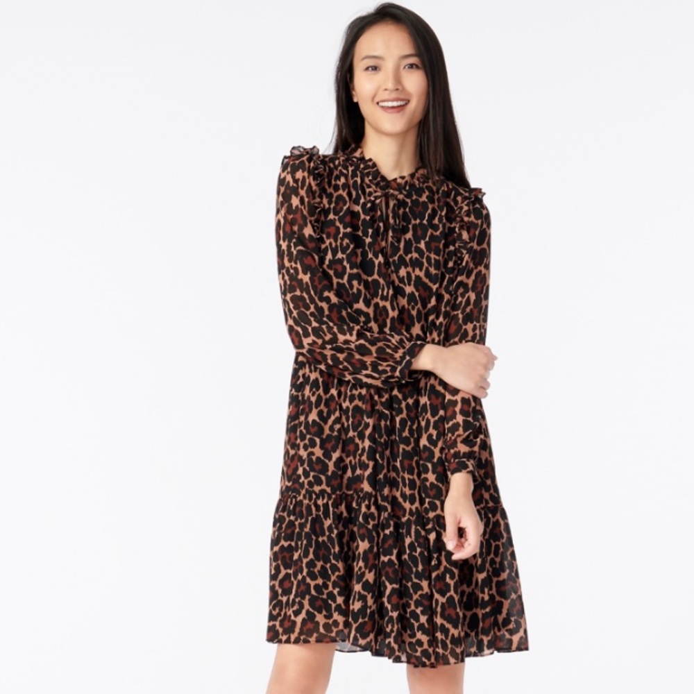 J crew tie neck tiered dress leopard crinkle brown
